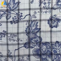 Kain Tenun Bermotif Bunga dengan Dasar Kotak-kotak Celup Benang, Tekstil Cetak Bunga Berlatar Kotak untuk Gaun dan Blus Wanita Musim Panas