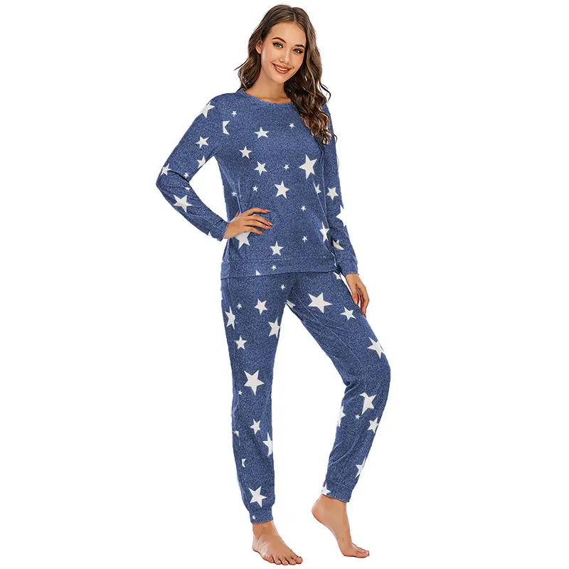 Vente en gros de vêtements d'intérieur en coton à manches longues pyjamas imprimés d'étoiles deux pièces pyjamas à col rond ensemble pour femmes