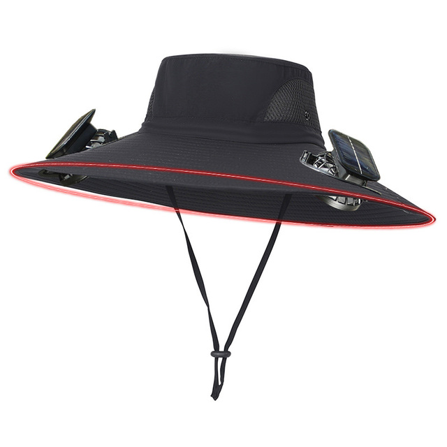 Newest Summer Solar Power Adventure Outdoor Fisherman Sun Large Brim Solar Hat With Double Fans and Solar Panel