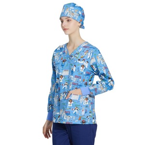 Tenues chirurgicales pour femmes en coton à manches longues, col en V, imprimées, uniformes d'hôpital, anti-humidité, infroissables, ajustées - Product Image 5