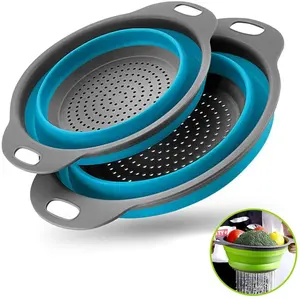 Basket Collapsible Colander Set of 2 Round Silicone Kitchen Strainer Set for Draining Pasta Vegetable Fruit with Handle