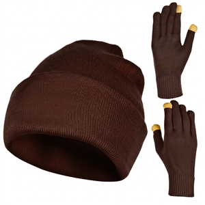 Unisex Beanie Winter Knitted Hat With Touchscreen Gloves Solid Color Warm Casual Outdoor Wear 100% Acrylic Brown - Product Image 1