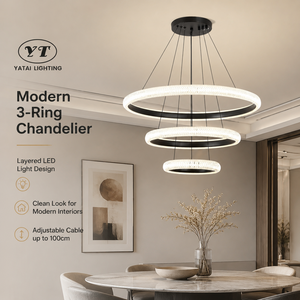 Lustre à trois anneaux en aluminium, LED, intensité variable, télécommande, hauteur réglable, moderne, pour salle à manger et salon - Product Image 2