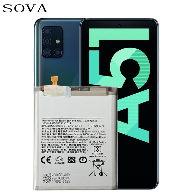 SOVA Replacement Battery EB-BA515ABY for Samsung A51 A515 4000mAh 3.85V 100% Full Load of Original Batteries