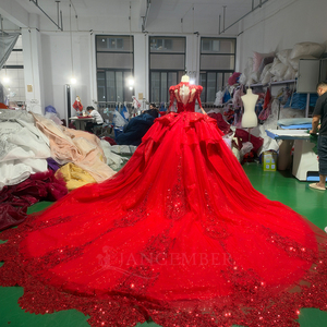 Mc076 Striking Appliques Beaded Lace Red Glitter <b>Tulle</b> Natural Waistline Tiered Ball Gown Quinceanera <b>Dress</b> for Party for - Product Image 6