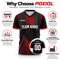 Maillot de football personnalisé noir et rouge à rayures verticales, col en V, sublimation intégrale, séchage rapide, respirant, kit d'équipe personnalisé pour les amateurs