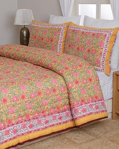 Mustard Yellow <b>Pink</b> Floral Cotton Quilt Hand Block Printed Reversible Indian Kantha <b>Blanket</b> King Size - Product Image 2