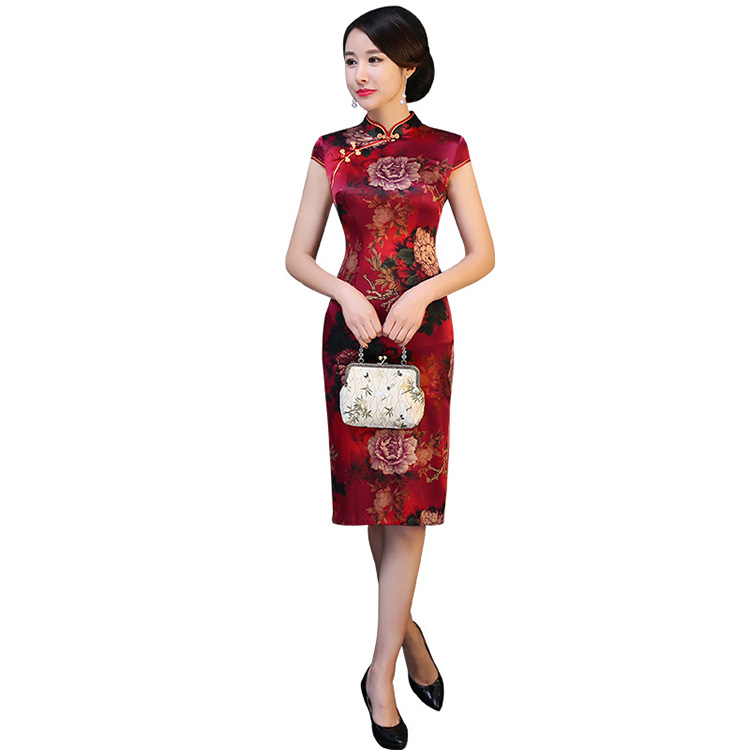 Платье Чонсам для женщин Сутра муль Berry шелковое платье сексуальное элегантное короткое платье с коротким рукавом в традиционном китайском Ретро вышивкой красный платье чонсам