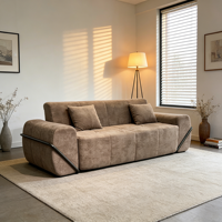 Canapé compressible avec structure en acier inoxydable, tissu en velours beige, coussins confortables, rembourrage élégant, extensible pour villa moderne