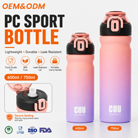 Bouteille d'eau en plastique PC dégradé 600ml 750ml avec paille souple et bouchon à clapet verrouillable, bouteille de sport portable pour l'école, la gym et les voyages