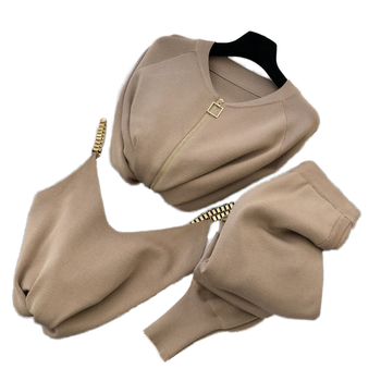 Autumn New Fashion Women's Casual Solid Three-Piece Set Korea Style Knit Long Sleeve Tracksuit Zipper Coat Camisole Vest Pants