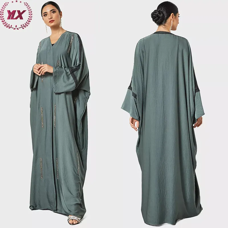 Yeni Elegance v yaka koyu yeşil dokulu dantel Trim tasarım lüks müslüman uzun elbise