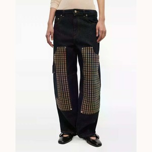 Dark Wash algodón Denim Y2K Punk Vintage contraste costura lateral utilidad bolsillo Unisex Plaid doble rodilla pierna ancha carpintero Jeans - Product Image 4