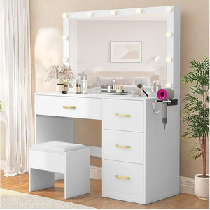 Bureau de maquillage moderne en verre blanc <span class=keywords><strong>pas</strong></span> <span class=keywords><strong>cher</strong></span> avec miroir <span class=keywords><strong>LED</strong></span> - Product Image 4