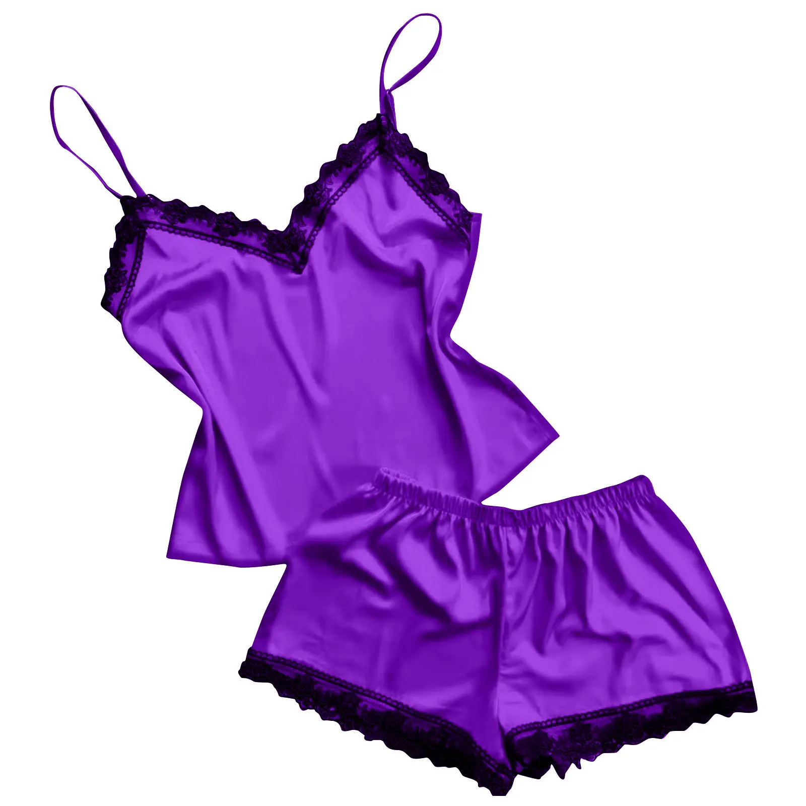 Purple pajamas two-piece set with V-neck lace and cool sexy suspenders and shorts