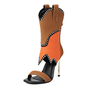 Sandales d'été à talons hauts et bout ouvert, patchwork, ornées de diamants, à bride unique, bottines courtes à fermeture éclair arrière pour femme, coupe large - Product Image 1