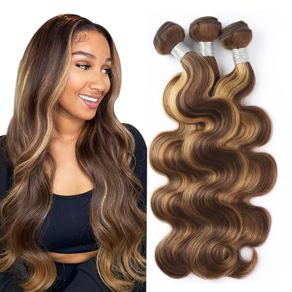 Ombre Highlight Bundles with Closure Brazilian Body Wave Hair Weave Bundles With Lace Closure P4/27 Blonde Brown