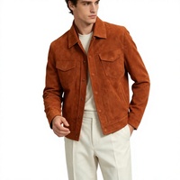 Veste en cuir suédé d'agneau véritable pour homme, fermeture éclair sur le devant, vêtement d'extérieur décontracté avec poches à rabat, style vintage patchwork