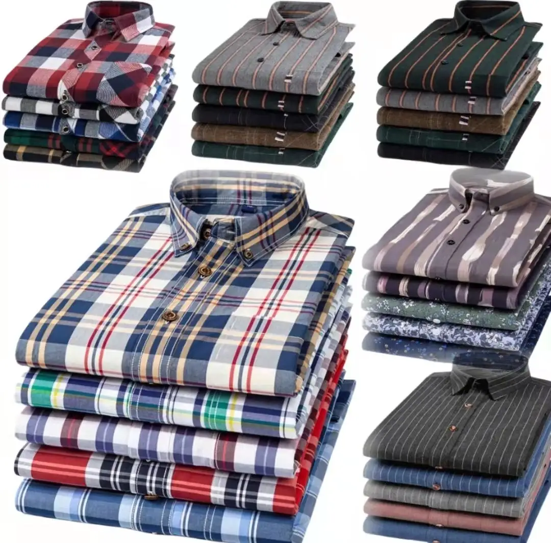 New Plain Color 100% Cotton Men's Long Sleeve Shirt Business Plaid Large Size Shirt Striped Casual Men's Top