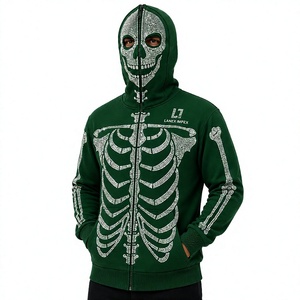 Men’s Dark Green Rhinestone Skeleton Hoodie <b>Jacket</b> with Full Zip Balaclava Mask Crystal Skull Bone Design <b>Gothic</b> Hip Hop Hoodie - Product Image 1