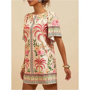 Women's Boho Floral <b>Dress</b> Crew Neck Short Sleeve Mini Tunic Chiffon Breathable <b>Tropical</b> Vacation Outfit - Product Image 4