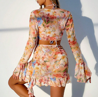 Maillot de bain pour femme, style imprimé, ensemble de bikini à manches longues en quatre pièces - Haut et bas séparés, maillot de bain et robe de plage