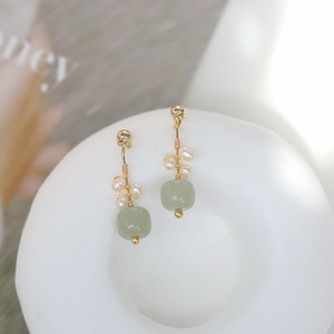 Hetian Jade Pearl Stud Earrings Geometric Design For Women Gift Occasion - Product Image 4