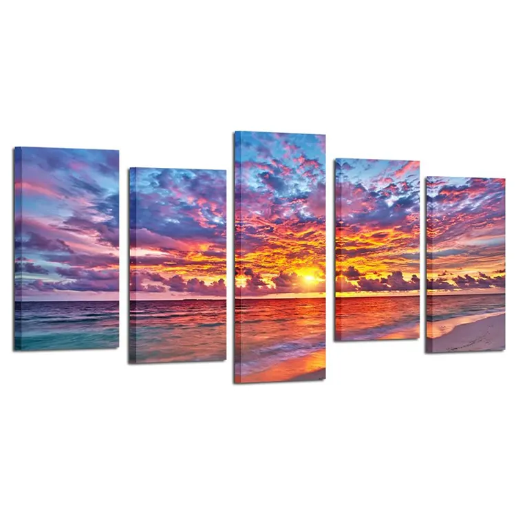 Factory wholesale Modern Colorful Sunset in Maldives Sea View Image Printed 5 panels wall art canvas painting