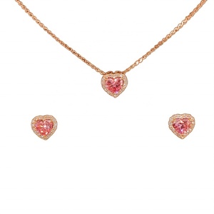 Luxury Pink Heart Cut Lab Grown Diamond Jewelry Set 14K 18K Gold Halo Pendant <b>Necklace</b> Stud Earrings Bridal Wedding - Product Image 3
