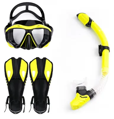 Stokları yetişkin dalış ekipmanları sualtı seti dalış şnorkel yüzgeçleri ve temperli cam gözlük