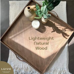 Bandeja de madera retro de estilo internacional con asa decorativa, bandeja cuadrada de madera maciza para la sala de estar y la cocina del hogar. - Product Image 2