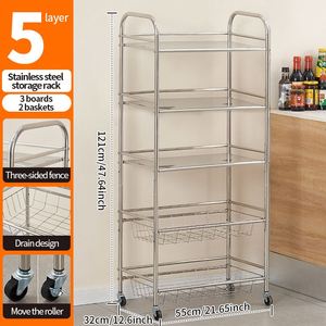 5-Layer Stainless Steel Movable Kitchen <b>Storage</b> Rack Household Metal <b>Vegetable</b> Fruit <b>Storage</b> <b>Basket</b> Stand Kitchen Trolley - Product Image 6