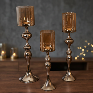 Celebration <b>Tapered</b> <b>Candle</b> Holders Set With Amber Glass Shades Home Wedding Decoration - Product Image 1