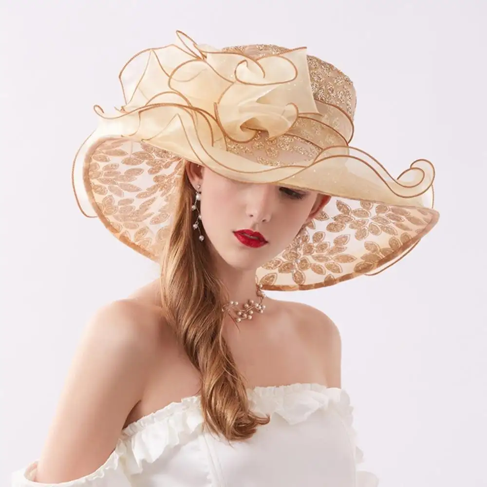 Spring Mesh Ruffles Flower Organza Sequins Hat Women Kentucky Derby Wedding Lace Church Hat Sun Hat