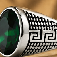 Cincin Pria JLM Wholesale Premium Titanium Steel Vintage Greek Key Oval Gemstone, Perhiasan Biker Statement