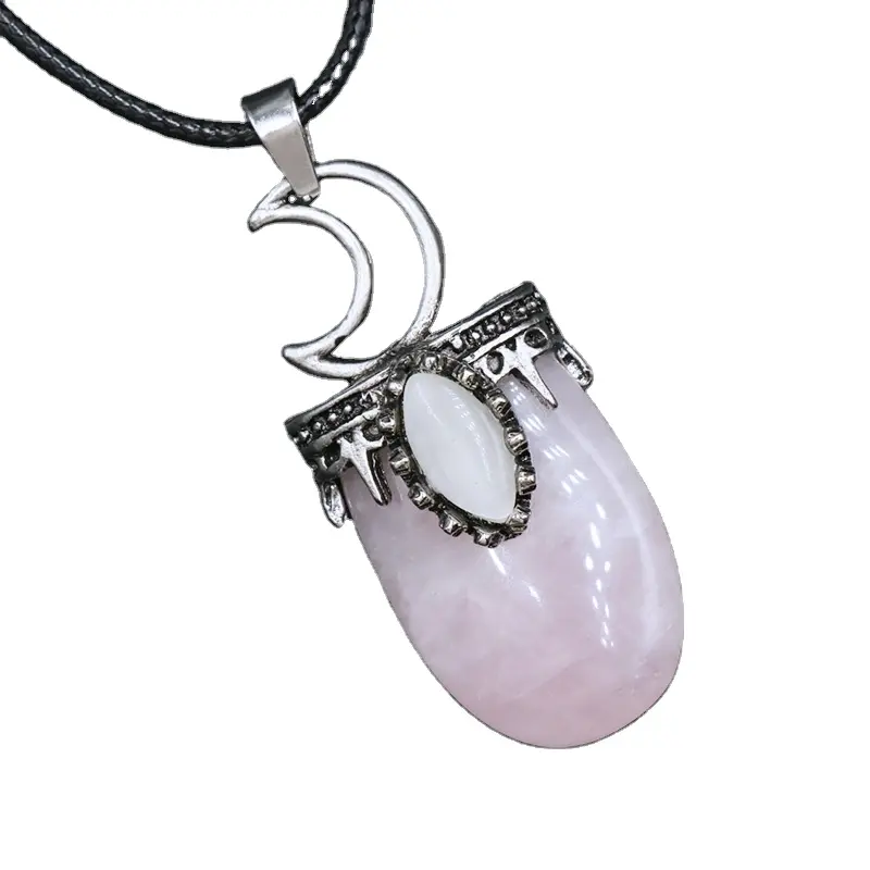 New Arrival Moon Inlaid Glitter Stone Necklace,Rose Quartz Amethyst Opal Tiger Eye Necklace