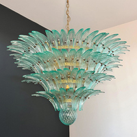 Lustre vintage en verre artistique multicouche vert sarcelle à motif feuille de palmier, style médiéval français, pour la décoration de villas, salons, salles à manger et halls d'entrée