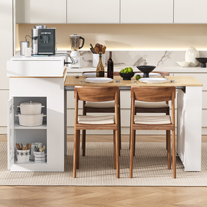Modern Kitchen <b>Island</b> Extendable Solid Dining <b>Table</b> MDF Panel Double-sided Storage 2 Drawers Power Outlet Side Shelves - Product Image 3