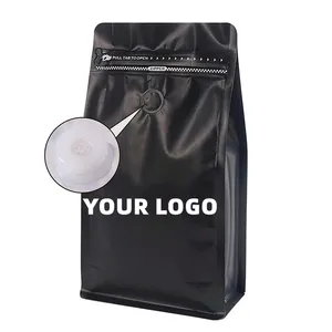 Bolsas de café negras mate con diseño personalizado, embalaje de granos de café reciclables de grado alimenticio, refuerzo lateral con válvula de desgasificación - Product Image 1