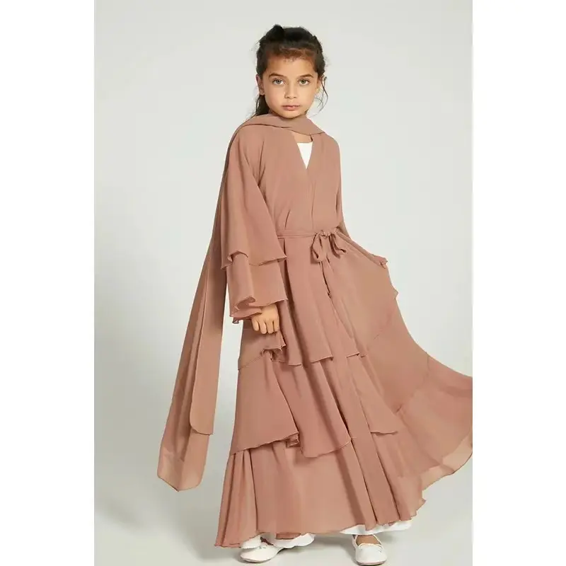 عباءات جديدة للأطفال 2024 فستان بناتي أطفال مسلمات أنيق من ثلاث طبقات من الشيفون ملابس أطفال طويلة للمسلمات