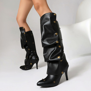Botas de tacón súper alto con botón para mujer, diseño de tacón fino hasta la rodilla, estilo dos en uno, con diseño de apilamiento, botas puntiagudas para otoño e invierno. - Product Image 1