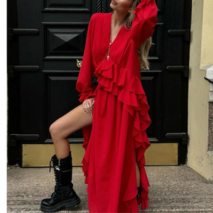 <span class=keywords><strong>Abito</strong></span> <span class=keywords><strong>lungo</strong></span> in chiffon <span class=keywords><strong>rosso</strong></span> da donna, stile vacanza, <span class=keywords><strong>con</strong></span> scollo a V, maniche a lanterna, personalizzato, <span class=keywords><strong>con</strong></span> balze a più livelli e <span class=keywords><strong>spacco</strong></span> alto irregolare - Product Image 1