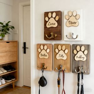 Custom Engraved Pet Leash Wall <b>Rack</b> with Name, Personalized Wooden Paw <b>Print</b> Hook, Entryway Hanger for Keys, Collar, Towels - Product Image 1
