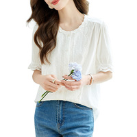 Chemise à manches courtes en dentelle, version coréenne, ample et amincissante, en coton, haut d'été pour femmes