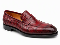 Mocassins en cuir gaufré crocodile rouge bordeaux pour hommes, à enfiler, bout rond, avec bride Penny, pour affaires, bureau, mariage