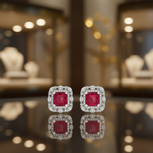 Boucles d'oreilles clous en or blanc avec rubis taille princesse, design géométrique, sertissage clos, bijoux de mode classiques pour femme, parfaits pour les soirées - Product Image 2