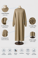 Robe longue en maille ample à col montant 300 GSM pour femme, idéale pour l'hiver, confortable, douce, opaque, personnalisable avec logo OEM, vente en gros