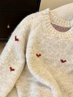 Pull en tricot pour femme, motif jacquard personnalisé, col rond, manches longues, motif cœur, fabricant OEM ODM, marque privée