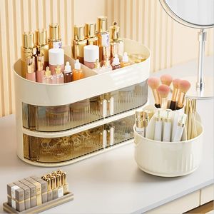 กล่องจัดระเบียบเครื่องสำอาง <span class=keywords><strong>3</strong></span> ชั้น พร้อมที่เก็บแปรงแต่งหน้าแบบหมุนได้ สำหรับโต๊ะเครื่องแป้ง <span class=keywords><strong>2</strong></span> ลิ้นชัก กล่องเก็บเครื่องสำอางและผลิตภัณฑ์บำรุงผิว - Product Image 4