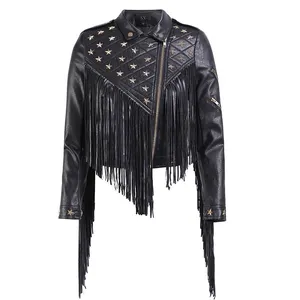 Mulheres Motor PU Jacket Star Studded Rebites Curtos Brasão Atacado Punk Zipper Tassel Mulheres Jaqueta de Couro Falso Para As Mulheres ALIKE